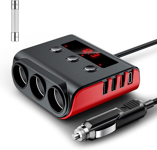 7 in 1 Cigarette Lighter Splitter, SONRU 3 Sockets Cigarette Lighter Splitter with PD Ports 3 Fast Charging USB Ports, 120W 12V/24V DC Independent Power Switches & LED Voltage Display