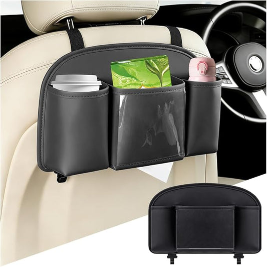 Car Back Seat Organizer, Leather 4-in-1 Seat Back Hanging Storage Bag with Tissue Box, 2 Cup Holder & Hook, Multi-Purpose Backseat Organizer Pocket for Hold Phone Drink, Universal Fit (Black)