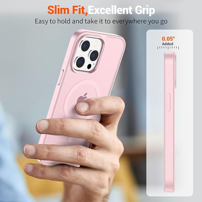 SUPFINE Magnetic for iPhone 14 Pro Case with Screen Protector (Compatible with MagSafe) (Military Grade Drop Protection) Translucent Matte Shockproof Phone Cover,Light Pink