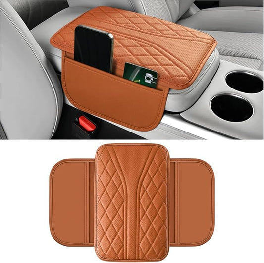 Car Center Console Cover, Leather Vehicle Armrest Box Pad with 2 Storage Bags, Automotive Interior Arm Rest Cushion Protector Accessories, Universal for SUV Sedan Truck (Brown)