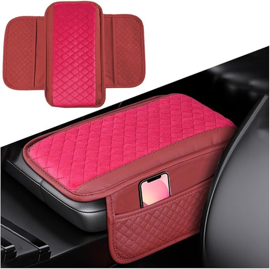 Car Center Console Cover, Leather Vehicle Armrest Cushion Pad with 2 Storage Bags, Auto Interior Middle Console Storage Box Protector Accessories, Universal for SUV, Sedan, Truck (Red)