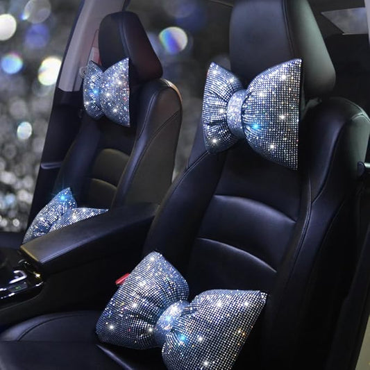 Car Neck Pillows Bowknot Car Headrest Cushion Crystal Rhinestone Diamond Bling Accessories for Women Driving Comfort Neck Support Pillow White 2Pcs