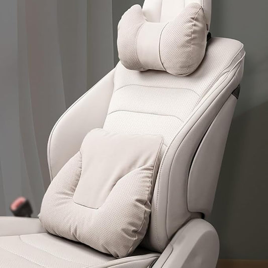 Car Neck Pillow Set for Honda Civic Si 2017 2018 2019 2020 2021 2022 2023 2024 2025, Leather Car Headrest Lumbar Support Waist Backrest Head Support Cushion,BeigeWhite