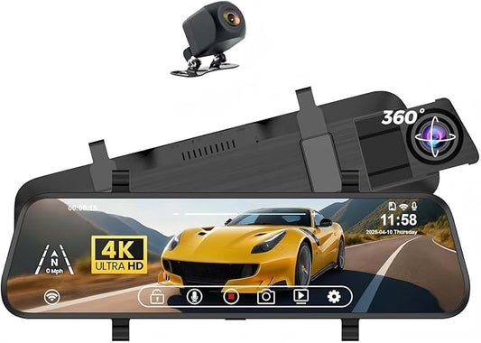 4K Mirror Dash Cam Front and Rear, 10'' Touch Screen Rear Digital View 1080P Rear Mirror Camera for Cars, 170° Night Vision, WDR, 24H Parking Monitoring/Rerverse Assist/Voice Control/G Sensor