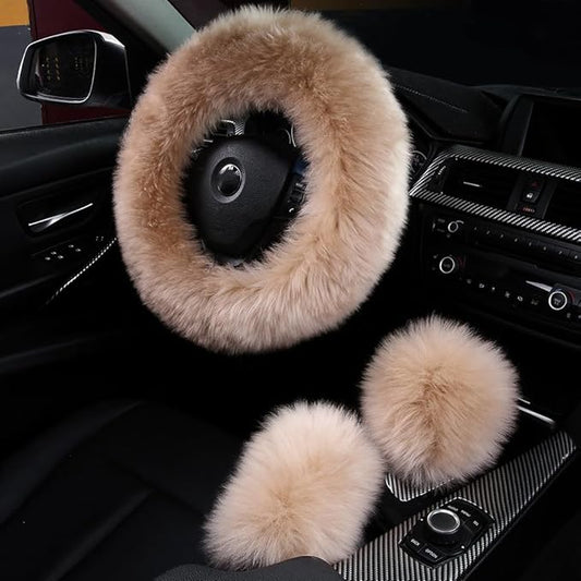 3Pcs Set Fashion Fluffy Fuzzy Wool Fur Soft Car Steering Wheel Cover with Handbrake Cover & Gear Shift Cover for Women/Girls/Ladies Auto Long Wool Accessories