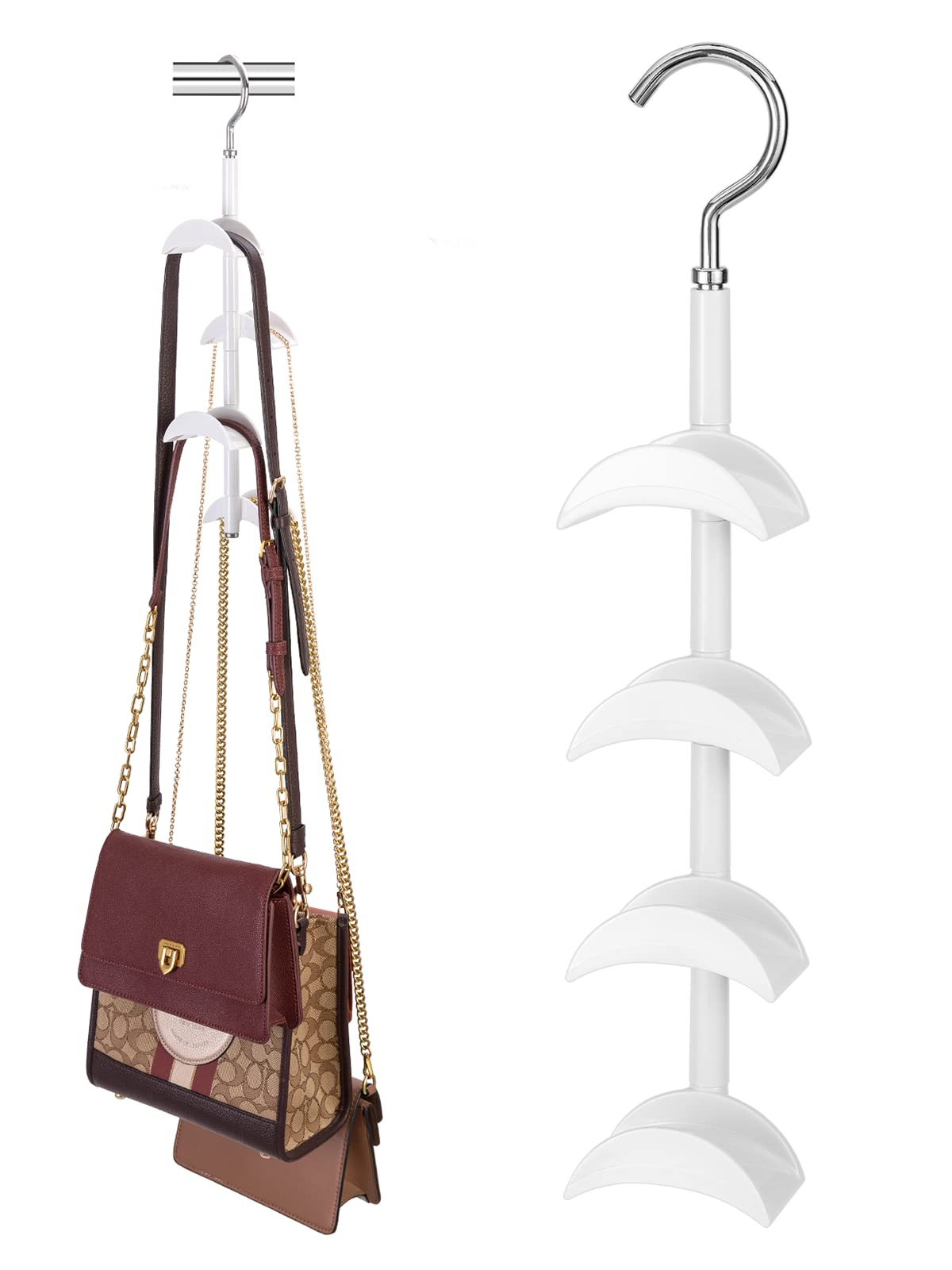Purse Hanger for Closet - Rotating Handbag Hanging Hook Bag Storage Space Saver with 4 Hooks, Hanging Organizer for Scarf Handbag Belt
