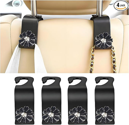 4PCS Bling Car Seat Headrest Hooks, Crystal Rhinestone Flower Vehicle Back Seat Hanger Holder Hook, Automotive Interior Hanging Storage Accessories for Purse Coats Bag, Universal Fit (Black)