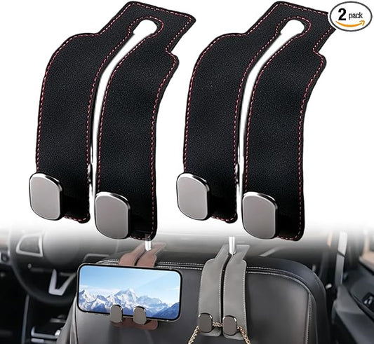 Car Seat Back Storage Hook, 2026 New Two Hook Fur Leather Seat Back Headrest Hanger Genuine Leather Double Metal Hook for Backseat Organizer, Car Organization Accessories (2, Black)