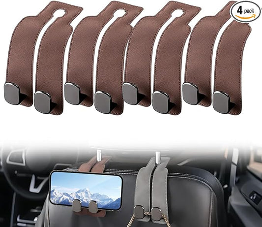 Car Seat Back Storage Hook, 2026 New Two Hook Fur Leather Seat Back Headrest Hanger Genuine Leather Double Metal Hook for Backseat Organizer, Car Organization Accessories (4, Brown)