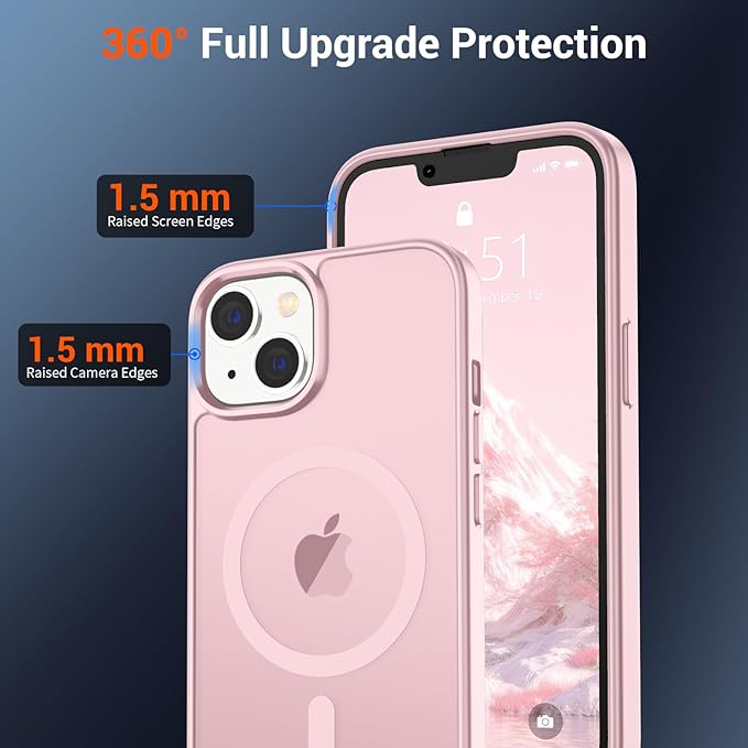SUPFINE Magnetic for iPhone 14 Case & iPhone 13 Case with Screen Protector (Compatible with MagSafe)(Military Grade Drop Protection) Translucent Matte Shockproof Phone Cover,Light Pink
