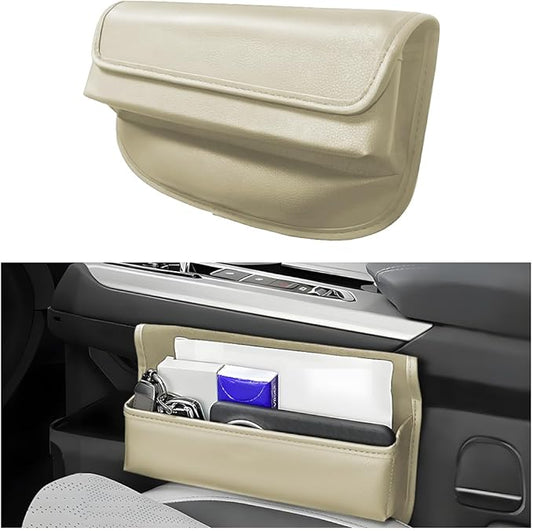 Car Seat Gap Filler Organizer, Leather Vehicle Side Seat Gap Storage Box with Lid for Phone Key Card, L-Capacity Auto Interior Organization, Universal for SUV Sedan Truck (Beige)