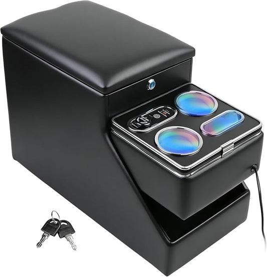 Center Console Organizer for Minivans, SUVs & Middle Van Seats - Floor-Mounted Lockable Storage Box with Dual Cup Holders & 7-Color Ambient Light, Ideal for Vehicle Interior