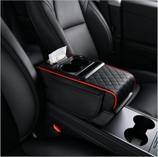 Car Armrest Storage Box for Nissan Hardbody (D21) 1986–1997, Center Console Organizer with Side Pocket, Ergonomic Memory Foam Armrest Cushion, Car Elbow Support Pad,B Black Red