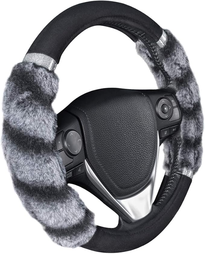 BDK Bear Fur Plush Steering Wheel Cover - Cute Faux Wool Protector for Women Girls Fits Wheels 14.5-15 inch Bear Fur - Black/Gray with Glitter