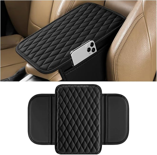 Car Armrest Cushion Pad, Leather Vehicle Center Console Cover with 2 Storage Bags, Non-Slip Automotive Interior Arm Rest Seat Box Cover Accessories, Universal for SUV RV Sedan (Black)