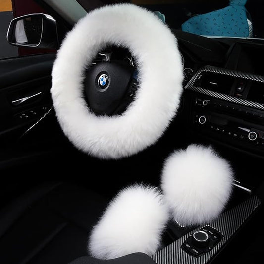 3Pcs Set Fashion Fluffy Fuzzy Wool Fur Soft Car Steering Wheel Cover with Handbrake Cover & Gear Shift Cover for Women/Girls/Ladies Auto Long Wool Accessories, White