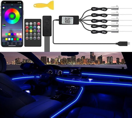 Car LED Interior Strip Lights, TEKSHINNY RGB Car Interior LED Light Wireless APP Button Remote Control, 5 in 1 Fiber Optic Ambient Lighting Kit with 236 Inches, EL Wire Lights for Car Inside