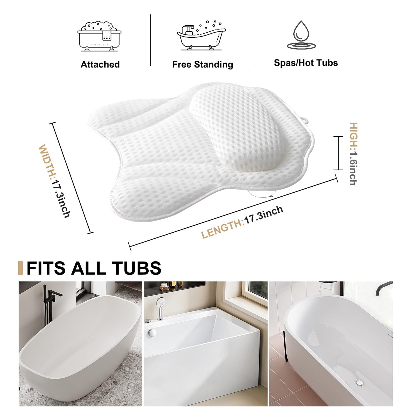 Bath Pillow Luxury Bathtub Pillow, 4D Bath Tub Pillows for Head, Neck and Back Support, Tub Pillow for Bathtub with 6 Non-Slip Suction Cups, Relaxing Bath Accessories Spa Gifts