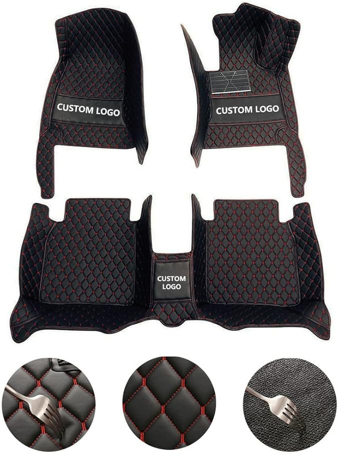 Customize Car Floor Mats for 99% Sedan SUV Sports Car All Weather Leather Full Coverage Waterproof Non-Slip Vehicle Lining Pads (Black Beige Stitching)