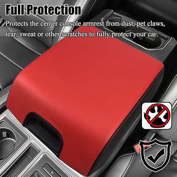 XITER 1PC Leather Center Console Armrest Box Cover Waterproof Cushion Pad for F150 2015-2020 F250 F350 F450 Super Duty 2017-2022 Expedition 2018-2023(Red+Black)