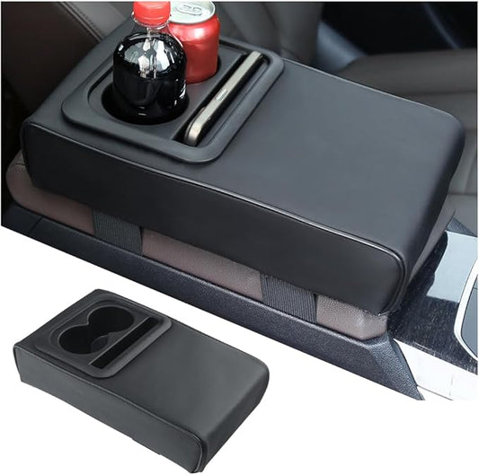Car Center Console Armrest Pillow with Cup Holder, Leather Middle Console Protection Cushion with Phone Holder, Memory Foam Auto Arm Rest Box Cover, Universal Vehicle Accessories (Black)