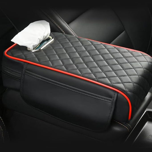 Car Center Console Cover, Leather Car Armrest Box Pad with Pocket and Tissue Box Arm Rest Cushion Universal Car Seat Box Cover Car Interior Accessories for SUV/Truck/Vehicle (Black+Red)