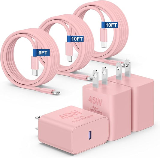 45W iPhone 17 16 15 Pro Max Charger Fast Charging 6FT/10 FT/10FT, Super Fast USB C Charger Block with Extra Long Type C Charging Cable,PD Quick Adapter 3.0 for iPhone 17 air/16e 15Pro/16 15 Plus-Pink