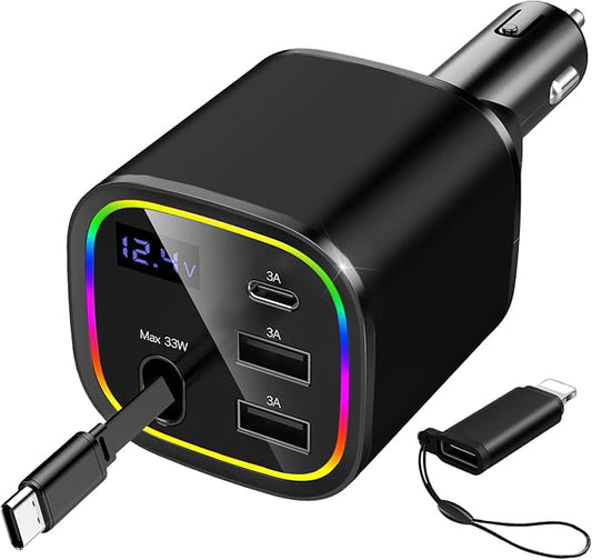 Car Charger USB C, 4in1 Car Phone Charger with USBC Retractable Cable for iPhone Android Fast Charge, AGEMANY 78W Cigarette Lighter Adapter with Voltage Display, 12V/24V Car Accessories Gift (Black)
