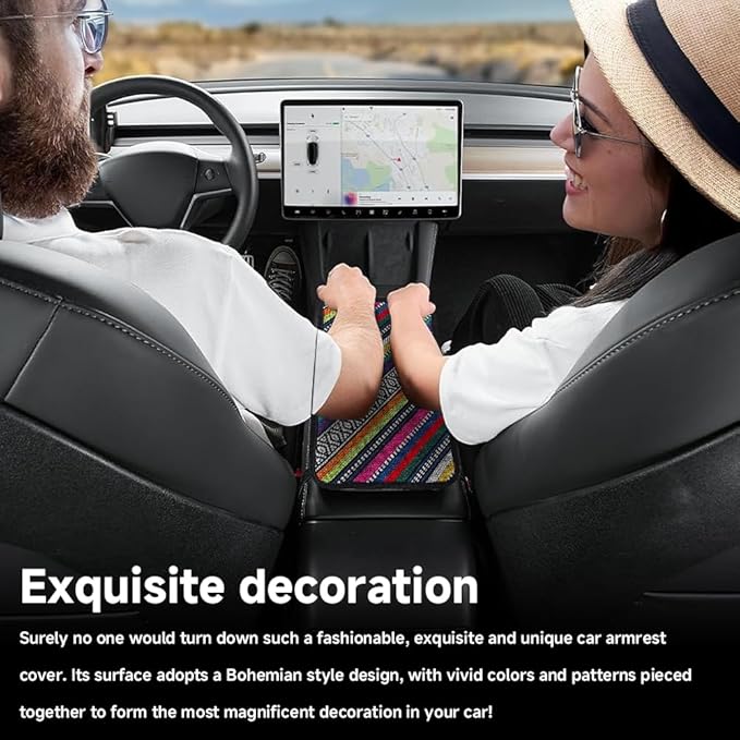 Bohemian Universal Armrest Cover Pad, Car Center Console Cushion, Boho Ethnic Style Auto Armrest Decorative Pad with Elastic Straps, Car Arm Rest Cover Protector for Vehicles (Armrest Cover-D)