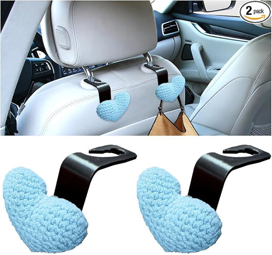 2PCS Car Headrest Hook, Cute Wool Heart Vehicle Seat Hangers for Umbrellas Grocery Bags, Automotive Interior Backseat Storage Organizer Hook, Universal for SUV, Sedan, Truck (Blue)