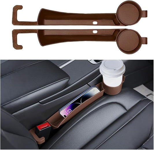 2PCS Car Seat Gap Filler, Soft Carbon Fiber Vehicle Between Seat and Console Organizer with Cup Holder, Prevent Falling Automotive Interior Chair Gap Plug, Universal Fit (Brown)