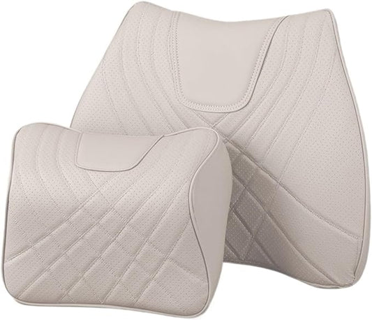 Car Pillow Car Headrest Pillow Set Sewing Leather Lumbar Waist Support Memory Foam Fit for Seat Neck Protctive Cushion Accessories Car Neck Pillow(I)