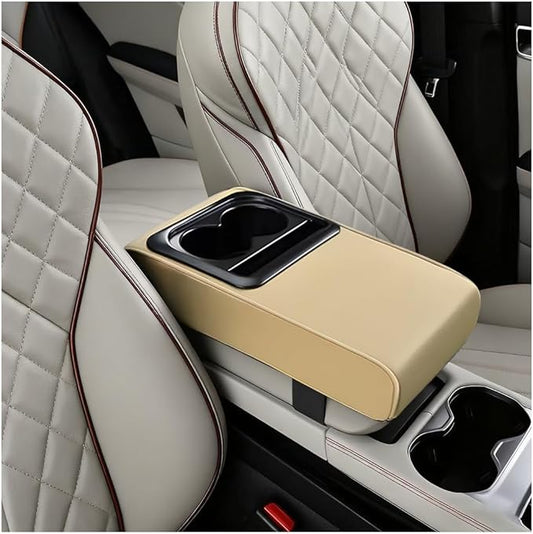 Car Center Console Armrest Pillow, Vehicle Armrest Seat Box Cushion Pad with Cup Holder & Phone Holder, Comfortable Auto Middle Console Cover, Universal for SUV RV Truck (Beige)