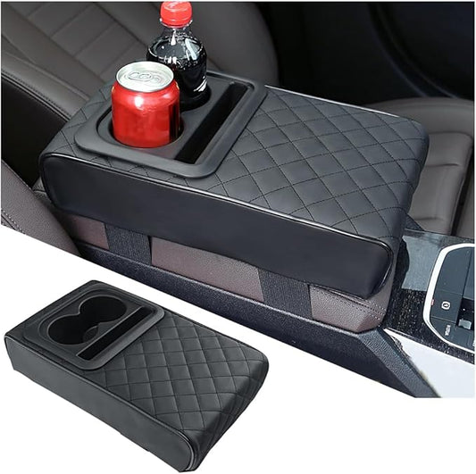 Car Center Console Armrest Pillow with Cup Holder, Leather Middle Console Protection Cushion with Phone Holder, Memory Foam Auto Arm Rest Box Cover, Universal Vehicle Accessories (Textures)