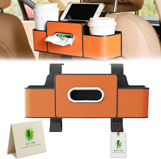 Car Backseat Organizer Multifunction Storage Box Vehicle Seat Accessories Cup Tissue Trash Hooks Phone Snack Drink Handbag Leather Interior Utility Portable Durable Easy Installation Secure(Orange)