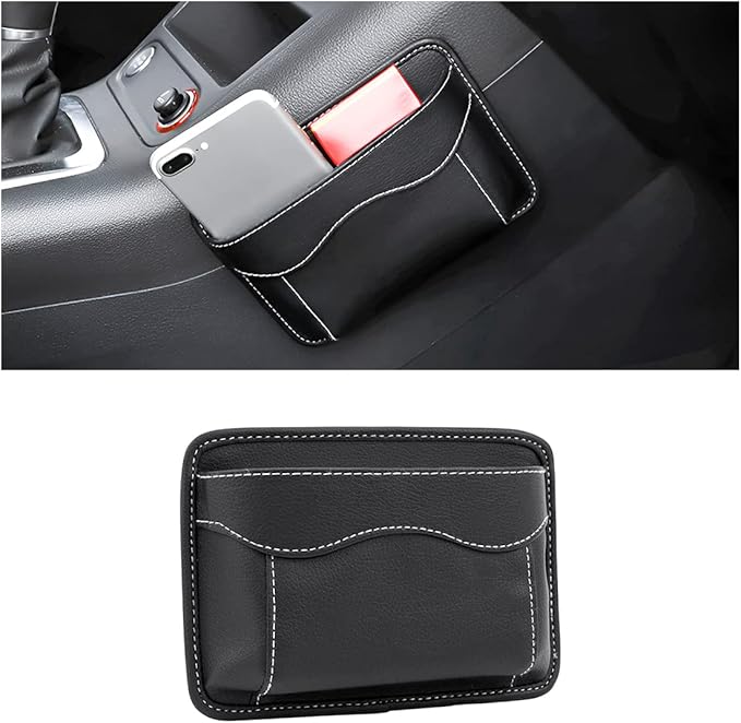 Car Seat Side Pocket Organizer, PU Leather Mini Storage Bag for Auto Door Window Console, Pen Phone Holder Tray Pouch Vehicle Seat Gap Filler for Organize Document, Registration, Notepad (Black)