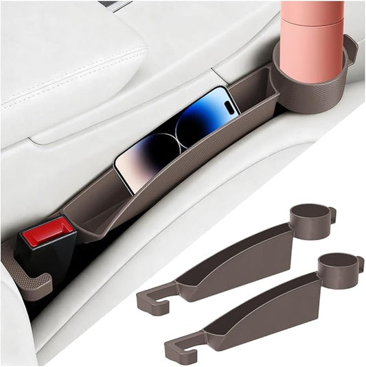 2PCS Car Seat Gap Filler, Dual Slot Carbon Fiber Vehicle Side Seat Gap Organizer Strip with Cup Holder, Auto Console Guard Spacer Stop Things from Dropping, Universal Fit (Brown)