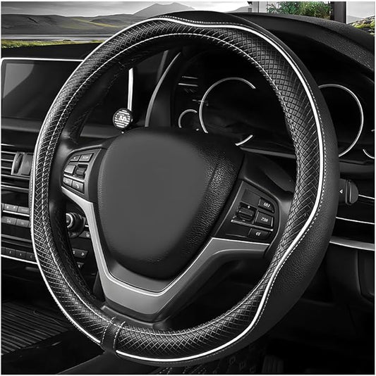 Car Steering Wheel Cover, 15 Inch Anti-Slip Breathable Leather Auto Steering Wheel Protector, Full Surround Soft Steering Wheel Cover for Men Women, Car Interior Accessories (Black & White)