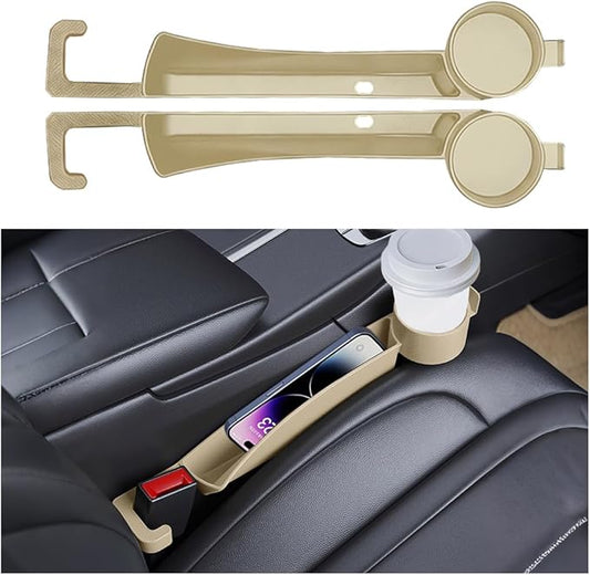 2PCS Car Seat Gap Filler, Soft Carbon Fiber Vehicle Between Seat and Console Organizer with Cup Holder, Prevent Falling Automotive Interior Chair Gap Plug, Universal Fit (Beige)