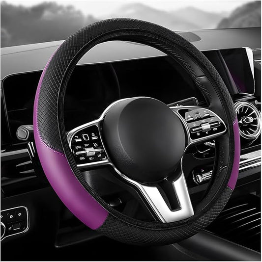 Car Steering Wheel Cover, 15 inch Carbon Fiber Microfiber Leather Elastic Steering Wheel Protector, Breathable Anti-Slip Comfortable Steering Wheel Covers for Most Cars (Black&Purple, AD)