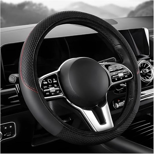Car Steering Wheel Cover, 15 inch Carbon Fiber Microfiber Leather Elastic Steering Wheel Protector, Breathable Anti-Slip Comfortable Steering Wheel Covers for Most Cars (Black, AD)