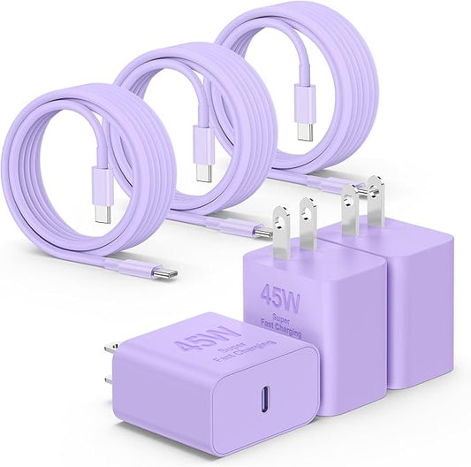 3Pack 45W Super Fast Charger Type C 10FT, USB C Android Phone Charger Fast Charging Block with Ertra Long Type-C Charger Cord for Samsung Galaxy S25/S25 Ultra/S25+/S24 Ultra/S24/S24+/S23/S22-Purple