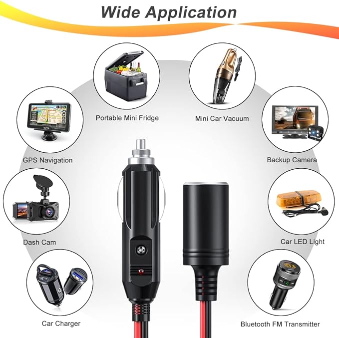 ELECTOP 1 to 4 Car Cigarette Lighter Splitter Adapter Power Charger Port, 12V 24V Plug Socket Adapter 4-Way Splitter, 12 inch Cigarette Lighter Extension Cord Cable 16AWG with 15A Fuse
