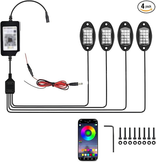 4PCS RGB LED Rock Lights, Underglow Multicolor Neon Light, Footwell Wheel Well Light Pods, with APP Control & Music Mode, Rock Lights for Trucks, SUV, ATV, UTV, Pickup, Motorcycles
