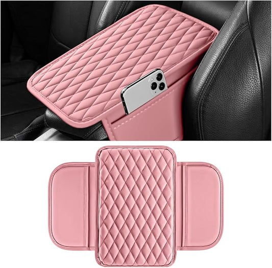 Car Armrest Cushion Pad, Leather Vehicle Center Console Cover with 2 Storage Bags, Non-Slip Automotive Interior Arm Rest Seat Box Cover Accessories, Universal for SUV RV Sedan (Pink)