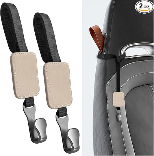 2PCS Car Seat Headrest Hooks, Stylish Suede Automotive Backseat Storage Hanger, Universal Vehicle Interior Seat Organizer Accessories for Purse, Handbag, Umbrella, Grocery (Beige)