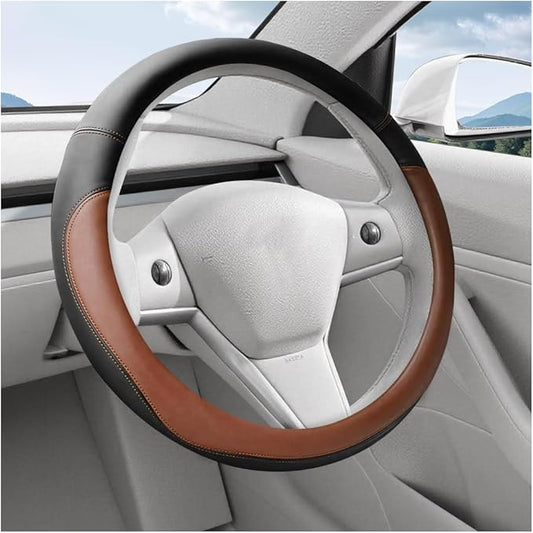 Car Steering Wheel Cover, 15 Inch Leather Anti-Slip Breathable Vehicle Steering Wheel Protecter with Comfortable Feel, Automotive Interior Accessories, Universal for SUV Sedan Truck (Brown)