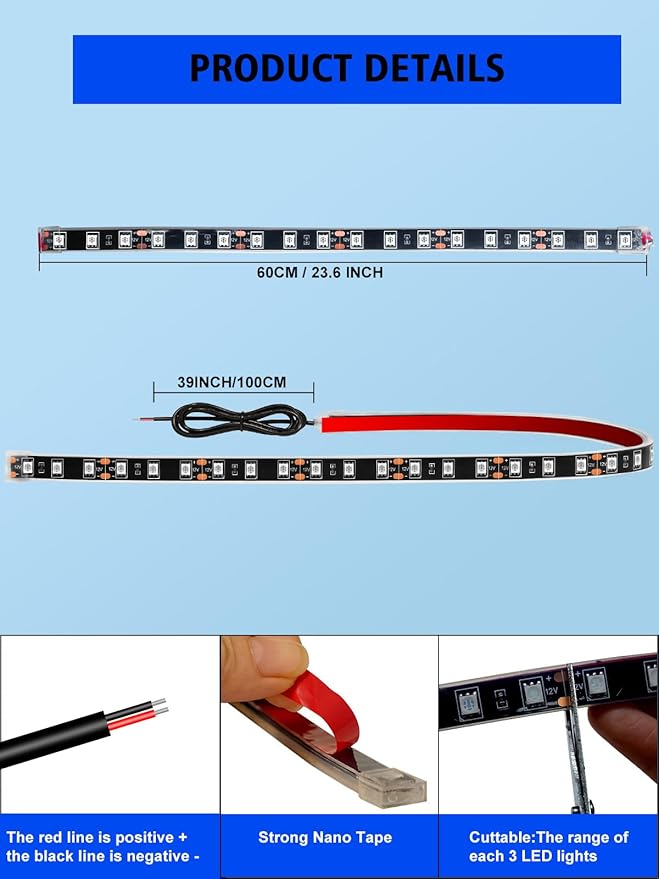 YM E-Bright 4Pcs Led Strip Lights for Car, 24inch Waterproof IP68 Car Underglow Strip Lights Decoration 36SMD 12V Led Interior Exterior Lights Strip for Cars Motorcycles Truck Golf Cart Boat - White
