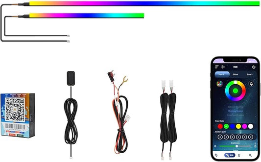 2026 Upgraded Acrylic Interior Car LED Strip Light Dual-Zone Wireless App, 2 in 1 with 43.3inch + 9.8inch Fiber Optic Strip Lights, Dynamic Chasing Music Sync Neon Car Ambient Lighting Kits