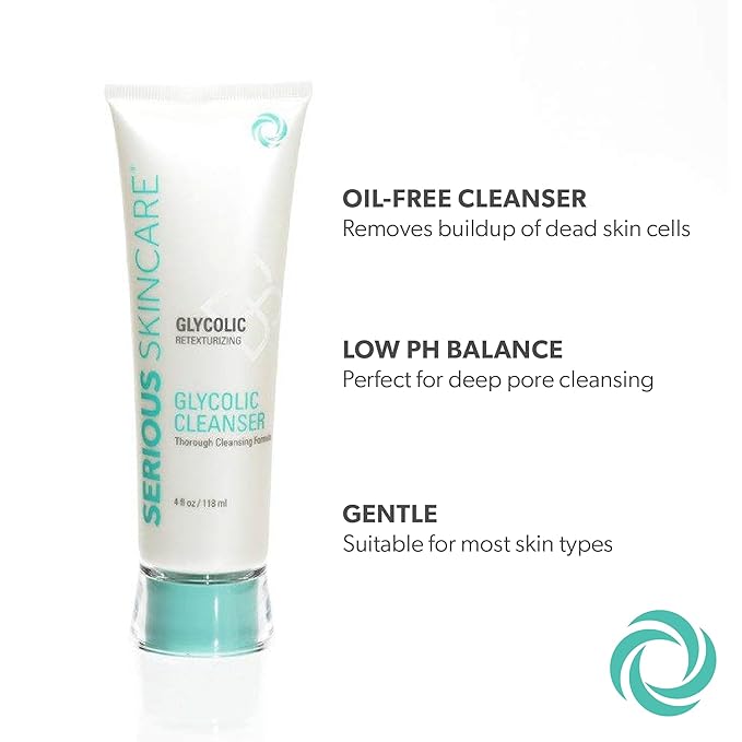 Serious Skincare Glycolic Cleanser - Daily Non-Drying Exfoliating Face Wash - 10% Glycolic Acid - Deep Pore Purifying - Removes Blackheads, Makeup & Impurities 4 Fl. Oz.
